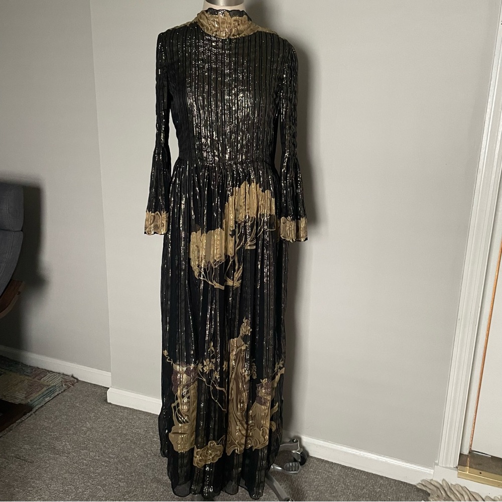 Pauline Trigere vintage black with gold metallic threads maxi dress